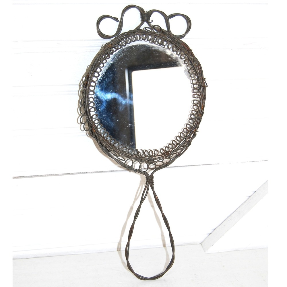Vintage Hand held Mirror Twisted iron frame handle‎ Antique Western